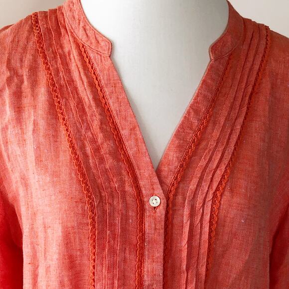 Lands End Linen Top Large Button Front Long Sleeve 14 16 Orange V Neck - Picture 2 of 4